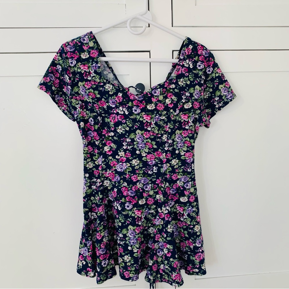 Vintage Lajate Cotton Blue Floral Peplum Top Size Medium
